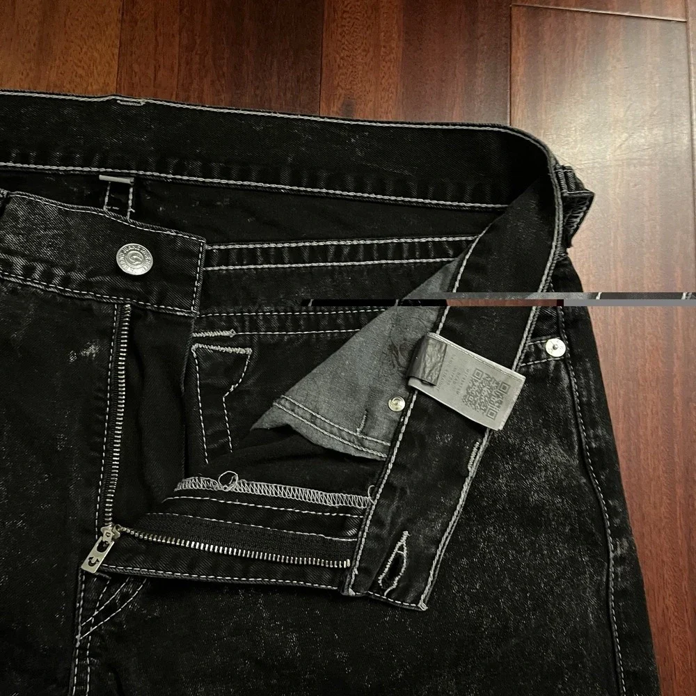 True Religion Jeans Men 40 Black Ricky Flap World Tour Straight Baggy 42x29 Y2k